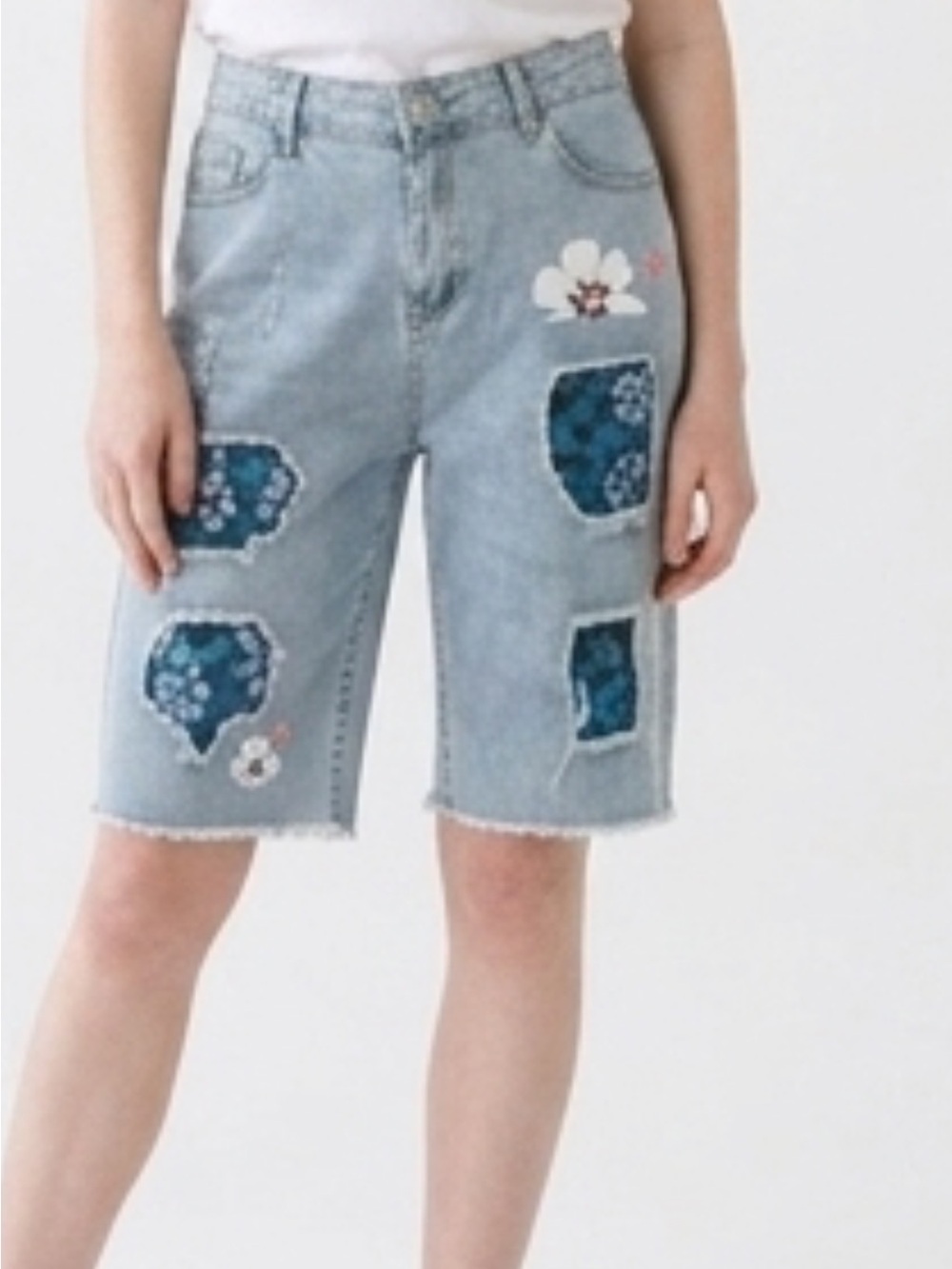 Floral Patch Light Blue Denim Bermudas - Women